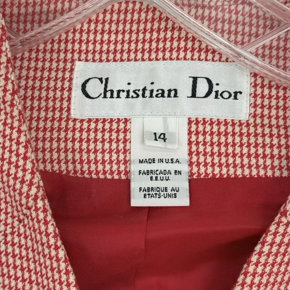 Vintage Christian Dior Houndstooth Skirt Suit Set Red White Jacket Sz 14 USA